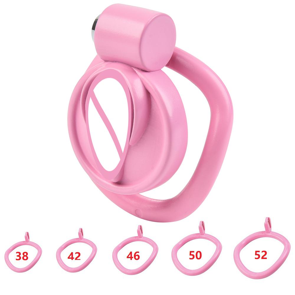 Pink Male Penis Chastity Cage Set Bird Chastity Cage Belt with 5 Size Rings Abstinence Lock Ring Lock Bondage Slave Crossdressing Labia Shape Sex Toy