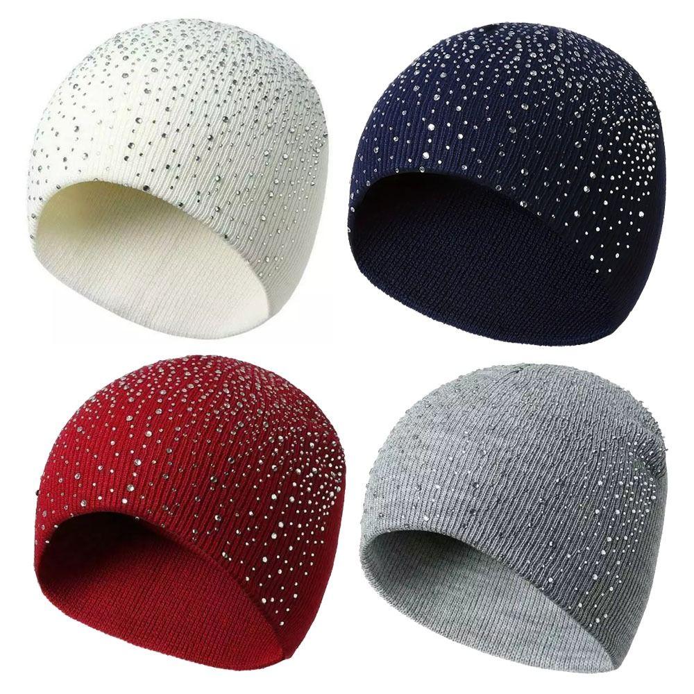 Rhinestone Decor Warm Winter Hat Stretchy Fit Winter Knitted Cap Outdoor Streetwear