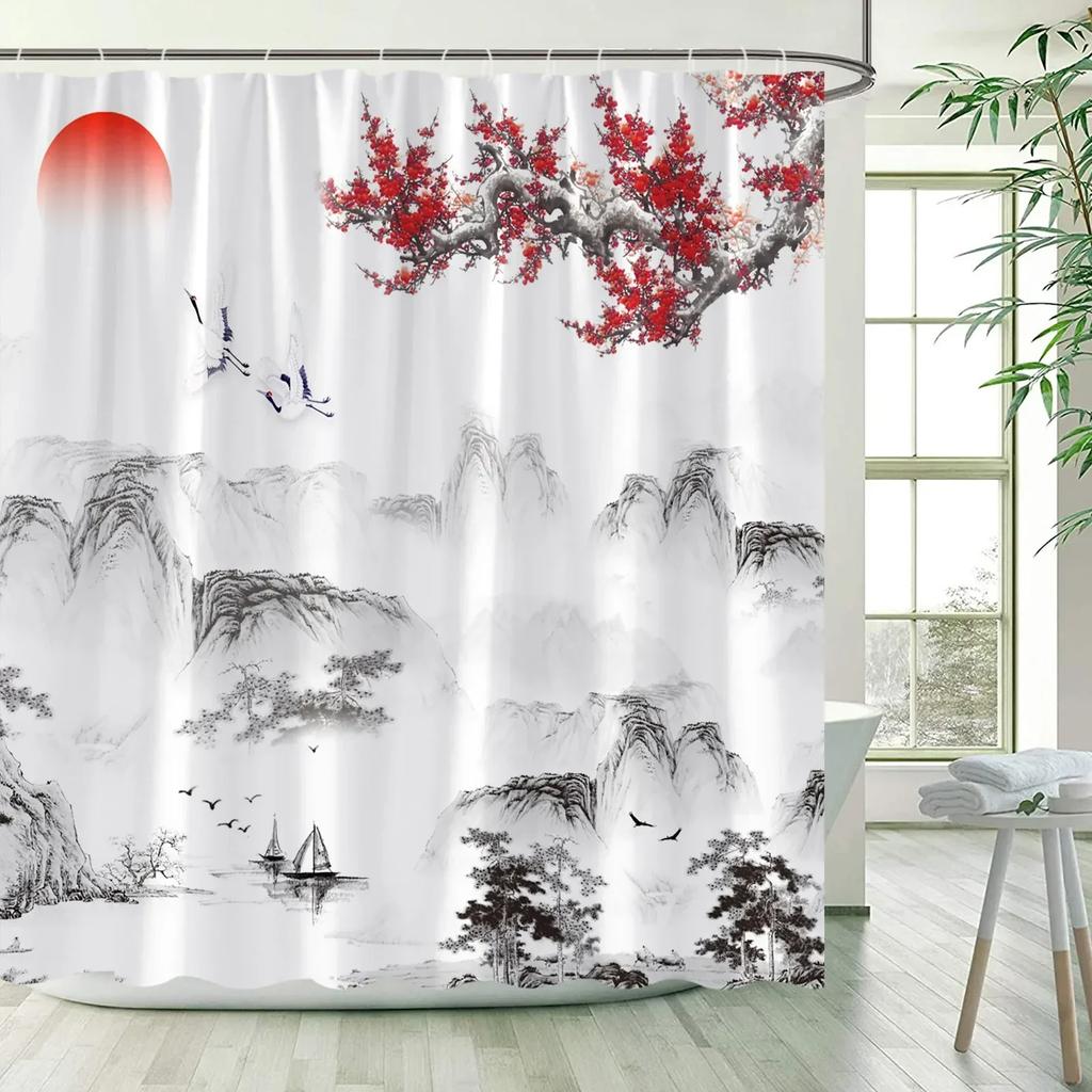 Flower Bird Scenery Shower Curtains Green Bamboo Red Floral Mountain Ink Landscape Bath Curtain Fabric Bathroom Decor with Hooks