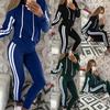 Mote Kvinner Casual Stripe Hette Langermet Pullove Sport Topper+Lange bukser Sett