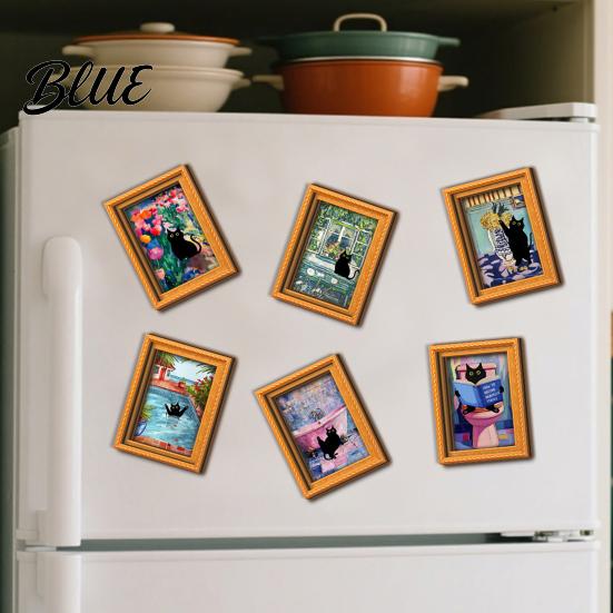Vintage Frame Refrigerator Decor Oil Painting Cat Magnet Wooden Black Decorative Fridge Magnets Theme Retro Rectangle Magnetic Decoration Magnet