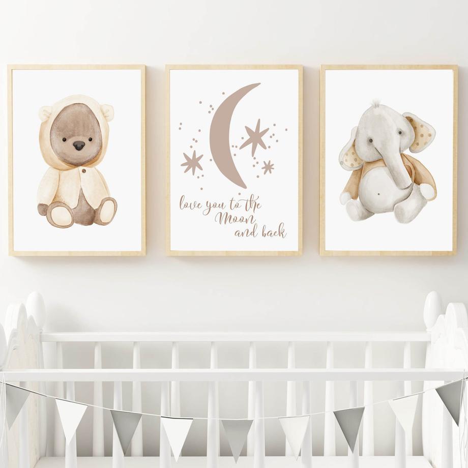 Elefant Bär Schmetterling Regenbogen Mond Stern Kinderzimmer Wandkunst Leinwand Malerei Poster und Drucke Bilder für Baby Kinderzimmer Dekor