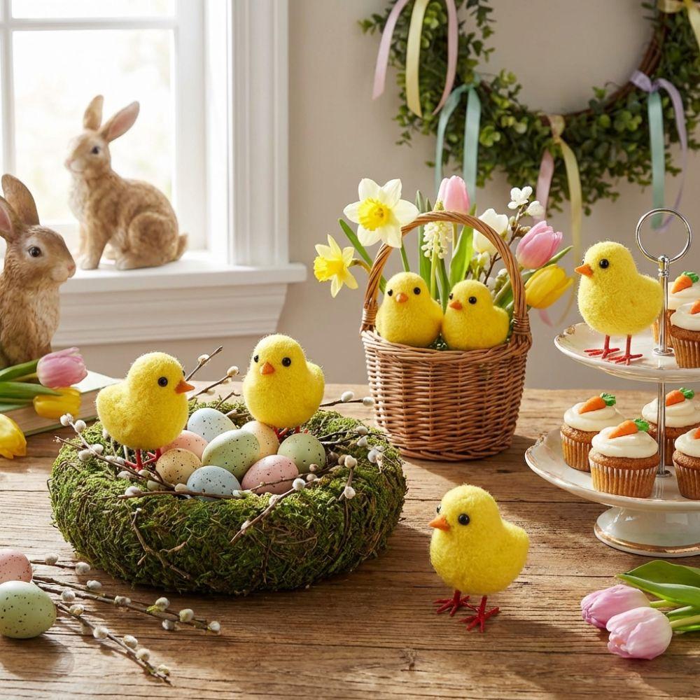 Cute Realistic Chicken Ornament Animal Standing Easter Chick Figurine Faux Flocking Chicks Home Decor