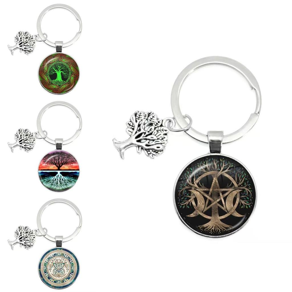 Modern Minimalist Tree Of Life Glass Keychain With Silver Alloy Pendant For Gift Giving