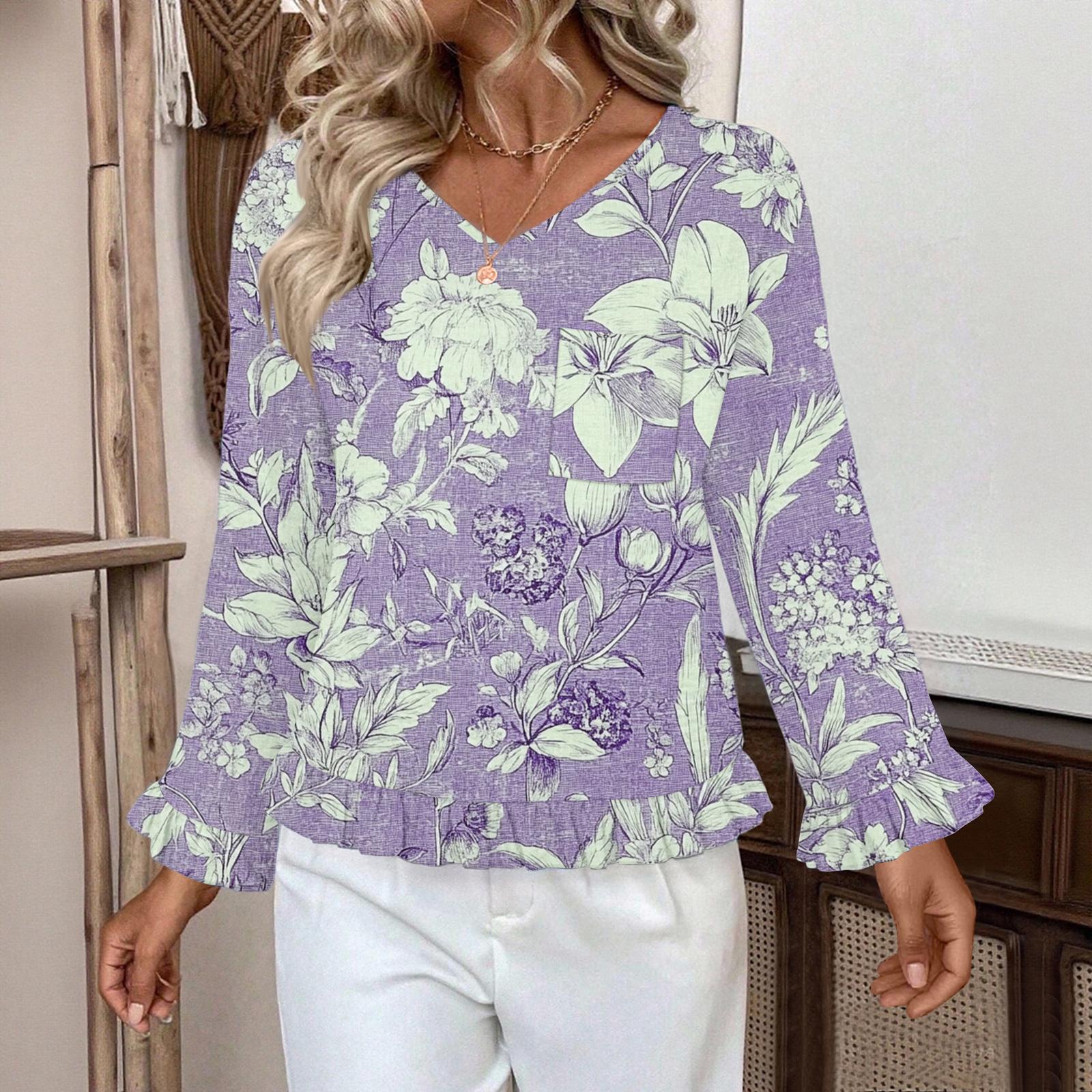 

Женский повседневный модный топ с оборками, V-образным вырезом, карманом и цветочным принтом, с длинным рукавом L фиолетовый