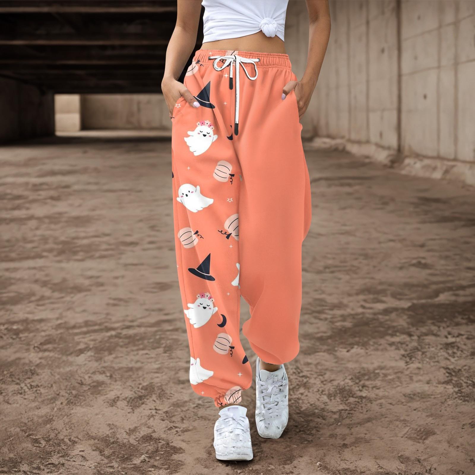 

Женские повседневные брюки с принтом на Хэллоуин, эластичные брюки с завязками на талии XL шафрановый