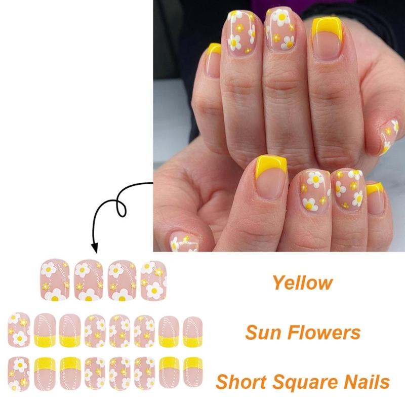 24 Stück Kurze Quadratische Falsche Nägel Blumen Künstlicher Nagel French Tip Aufkleben Nagel Glänzend Aufdrücken Nagel für Frau