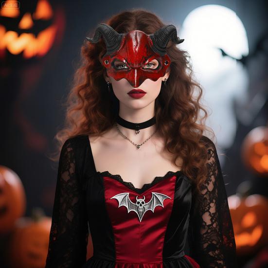 Demon Półmaska Realistyczna Czerwona Maska Satana Kozy z Regulowanym Paskiem Kostium na Imprezę Cosplay Halloween