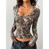 Women Exposure Of Navel Long Sleeve Sexy Retro Camouflage Branch Pattern U-neck Solid Shirt Tops Blouse