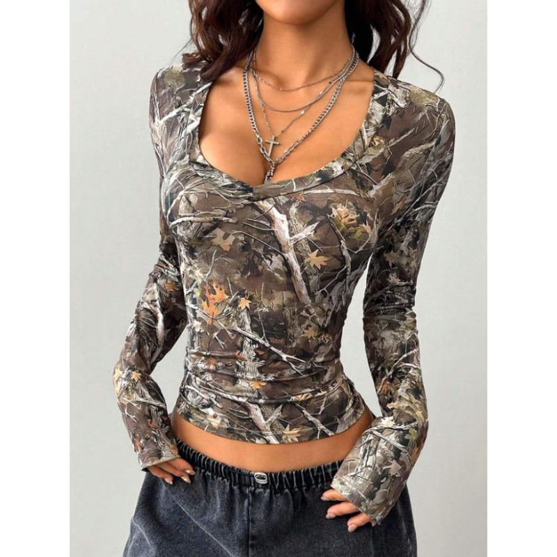 Women Exposure Of Navel Long Sleeve Sexy Retro Camouflage Branch Pattern U-neck Solid Shirt Tops Blouse