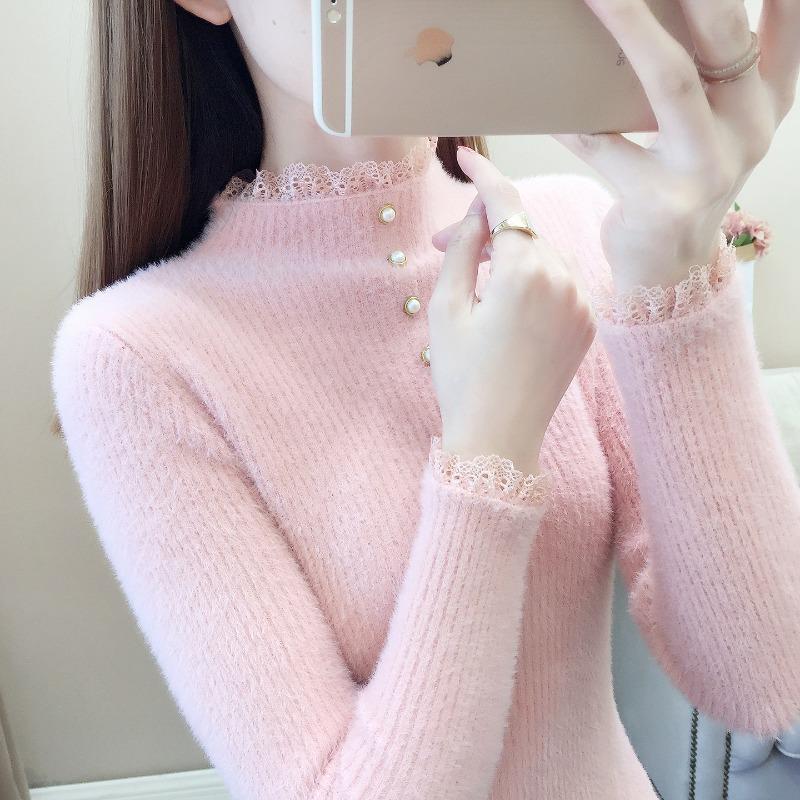 

Свитер с полувысоким воротником из искусственного норкового флиса, базовая рубашка, новый женский осенне-зимний нежный топ, кружевной вязаный свитер One size fits all [recommended 80-60kg] розовый