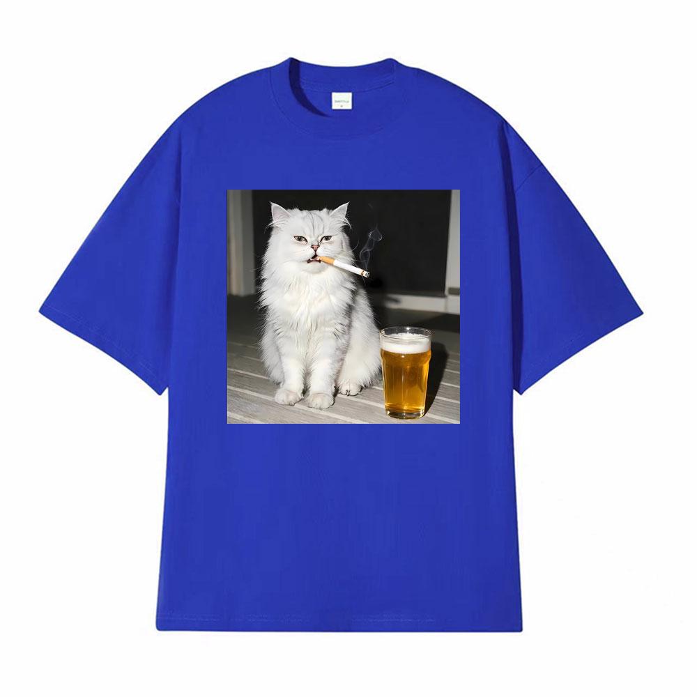 Funny Persian Cat Smoking and Drinking Beer Vintage Tshirts Mens Women Casual Cotton T Shirt Fashion Cool Short Sleeve Tshirt