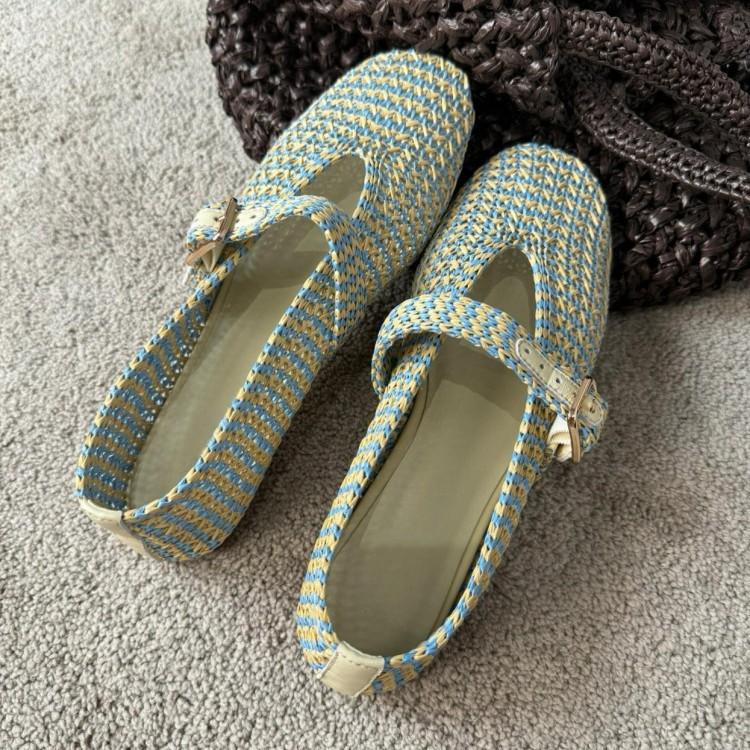 Sheepskin version~ niche new color raffia hand-woven shallow mouth Mary Jane single shoes one-word buckle sandals