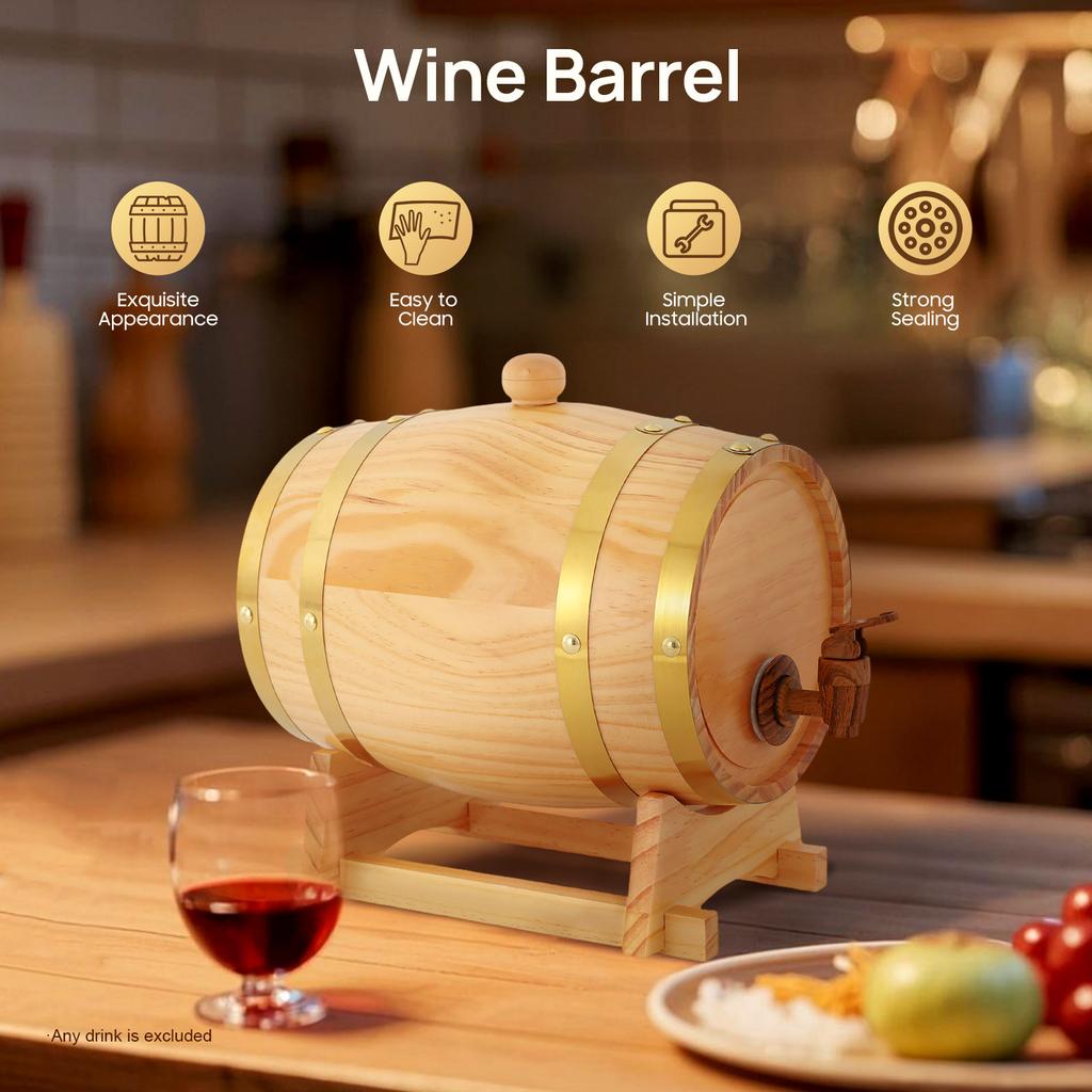 Pine Wood Wine Barrel 3L Original Wood Color with Stand, For Whiskey/Wine Fermentation Home/Bar
