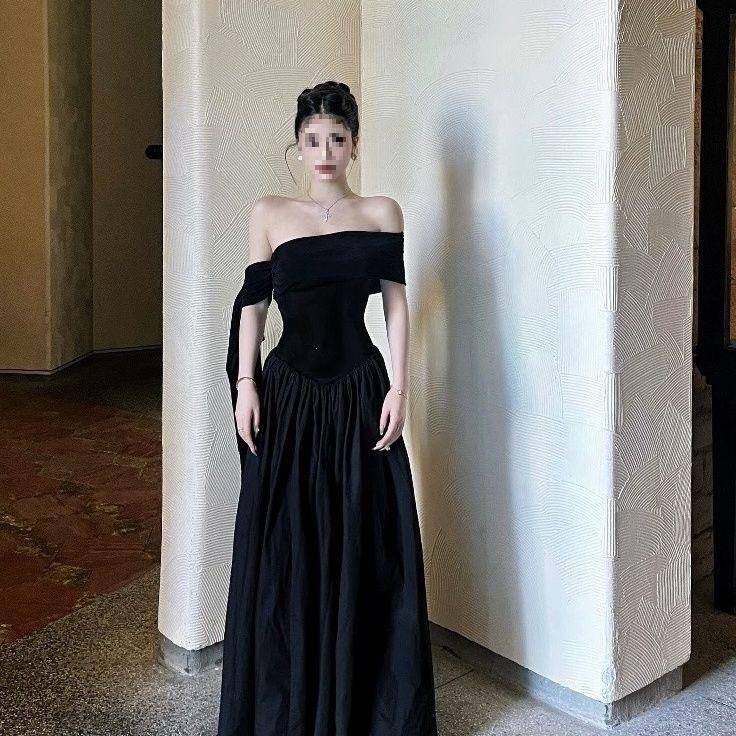 French Hepburn style one-word shoulder black dress women s summer new sexy temperament big skirt imperial sister long dress S
