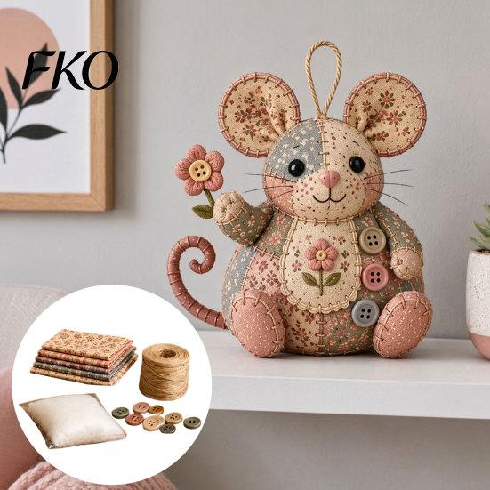 Mouse Plush Toy DIY Patchwork Sewing Kit, Handmade Craft Set with Floral Fabric, Stuffing & Stuffed Animal Kit Buttons, Cute Ornament for Beginners
