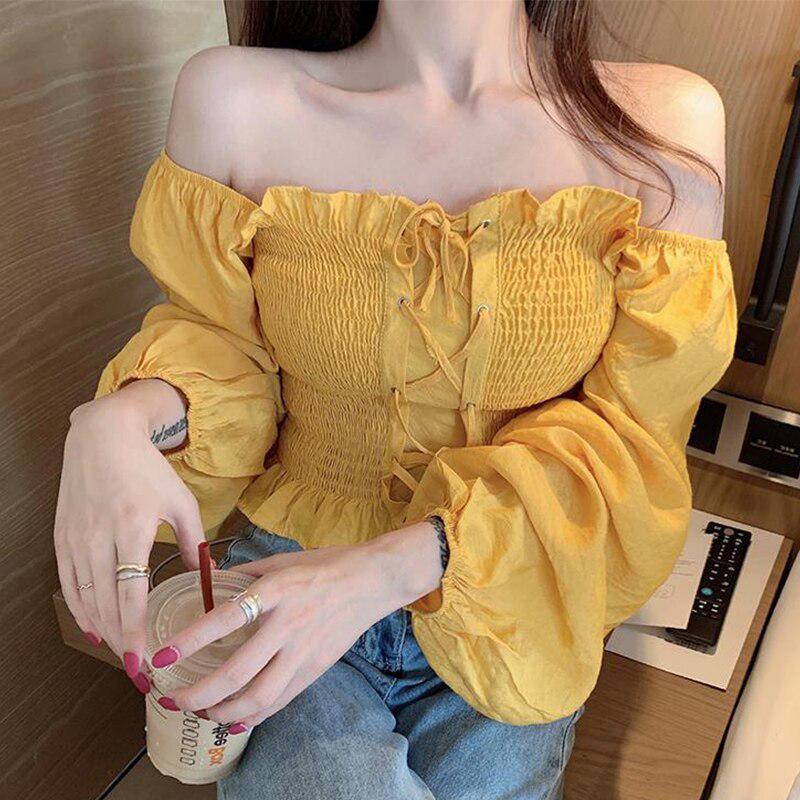 Buy Women's Square Collar Strapless Solid Chiffon Shirt Long Puff