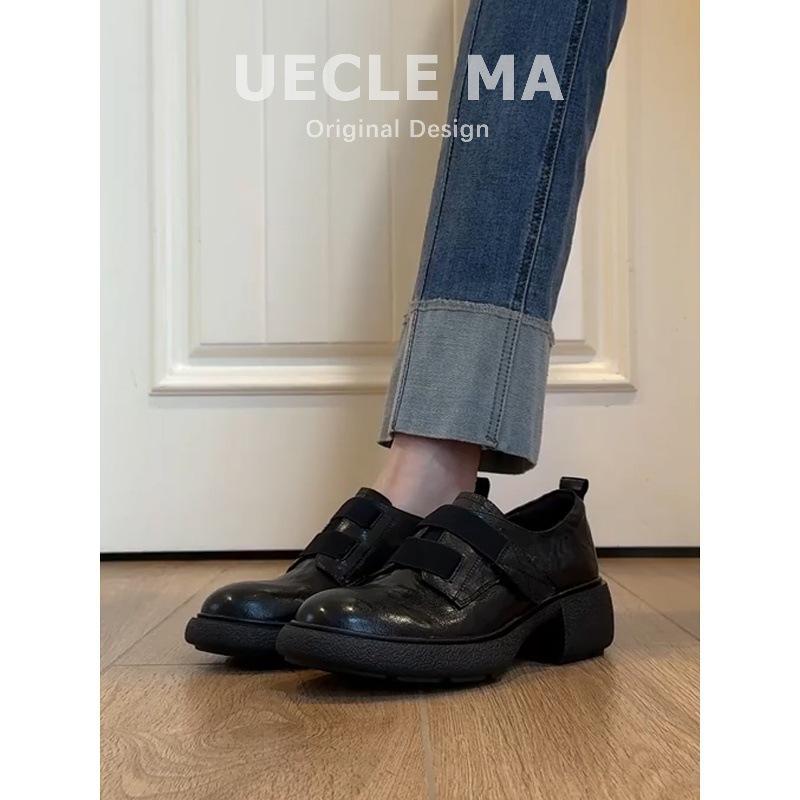 Cowhide Version~ Platform Loafers Women's 2025 New Velcro Retro Round Head Small Leather Shoes Thick Heel Commuter Shoes