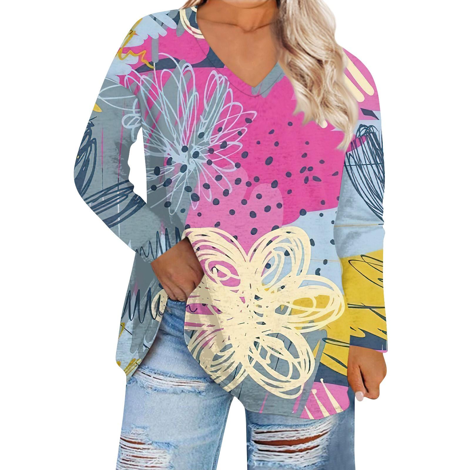 

Женская мода с цветочным принтом и v-образным вырезом плюс размер повседневная футболка с длинным рукавом Топ XXXL