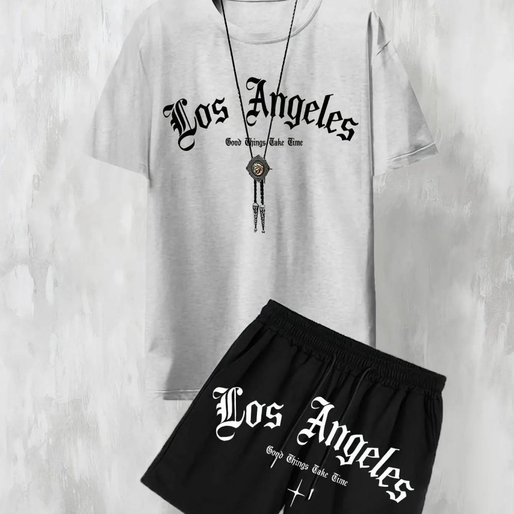 

New Men s Casual Los Angeles Letter Printed Comfortable Breathable T-shirt Shorts Set Outdoor Comfortable Two Piece Set 6XL