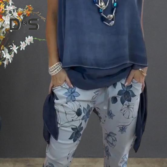 Dames 2-delt loungesett Ermeløs asymmetrisk kant tanktopp Blomsterprintede joggebukser Sett Casual løst antrekk for vår sommer