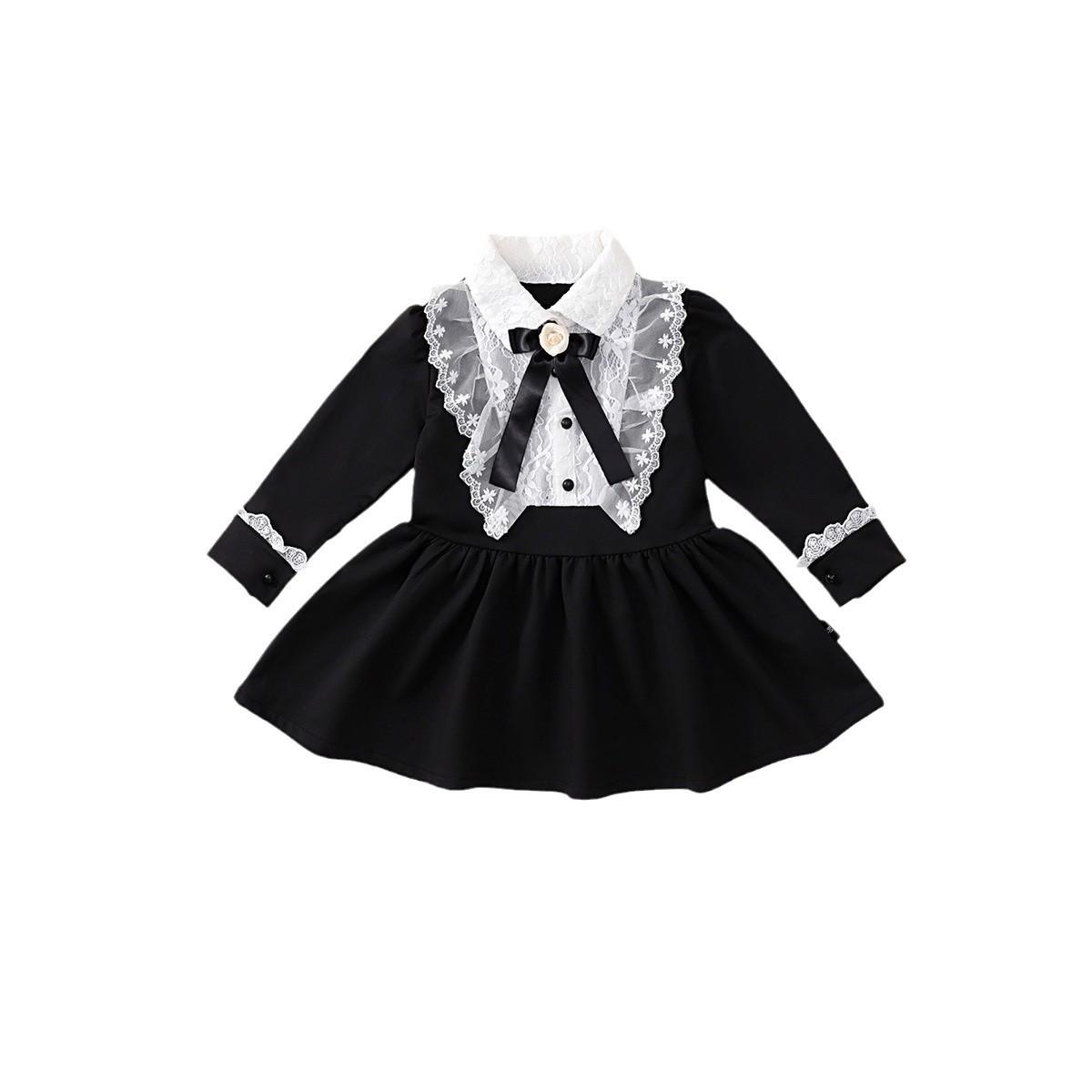 

Черное винтажное платье в стиле Хепберн с длинными рукавами для девочек 2024 года, новое детское кружевное платье принцессы с бантом 90cm чёрный