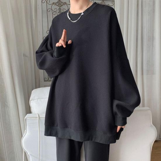 Men Shirt Solid Color Super Soft Loose-fitting Long Sleeve Breathable Decorative Polyester Autumn Spring Men Baggy Pullover Male Tops for School
