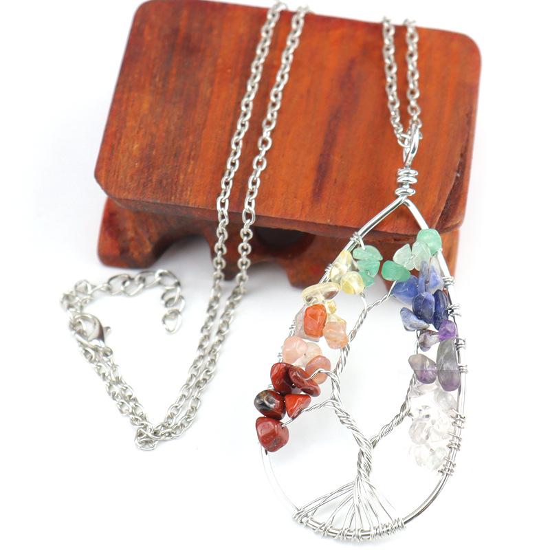 Silver Tree of Life Necklace with Seven-Color Natural Stone and Crystal Water Drop Pendant