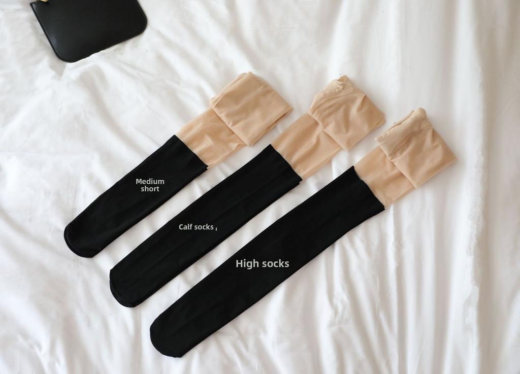 Spliced Black Nylon Stockings Women's Pantyhose JK Cute Japanese Style Instagram Trendy Autumn/Winter Fleece-Lined Socks