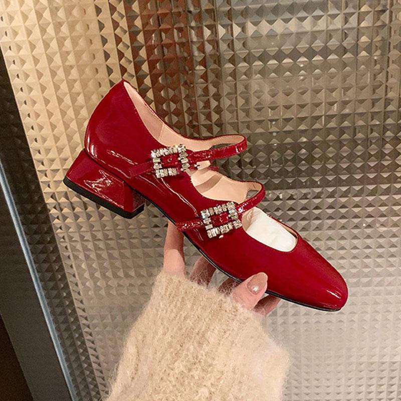 Pantofi eleganți cu toc înalt pentru femei, cu curele cu cataramă dublă, tip Mary Jane, cu toc mic, pantofi de lux din piele lăcuită, cu strasuri, pentru petrecere, pantofi de rochie