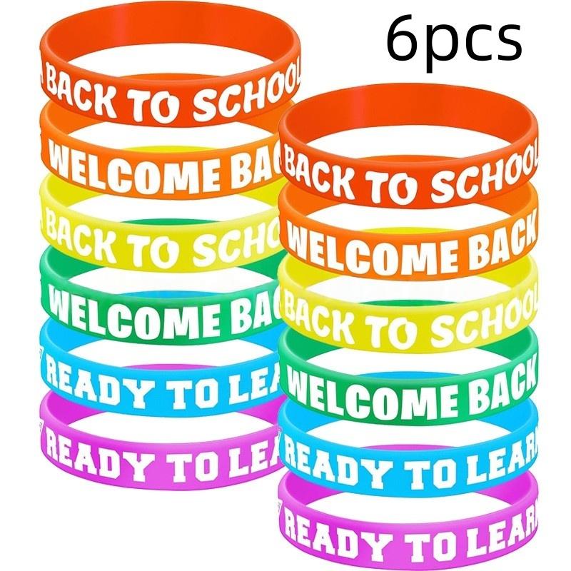 6pcs Welcome Back To School Bracelets Silicone Wristbands Rubber First Day Of School Favors Rewards Gifts Party Decoration