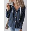 Women's Corduroy Jacket Casual Long Sleeved Hooded Button Down Short Jacket with Pockets