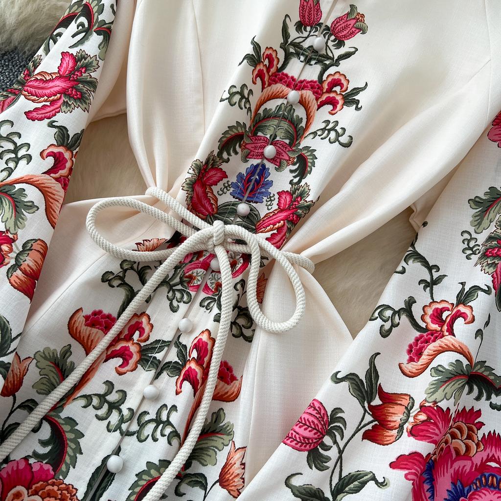 Spring Women Vintage Print Single Breasted Long Maxi Holiday Beach Dresses with Belt