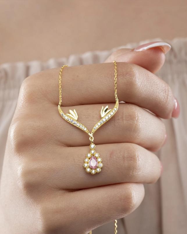 

925 Ayar Gümüş Zümrüt Taşlı Gold Damla Model Kadın Kolye