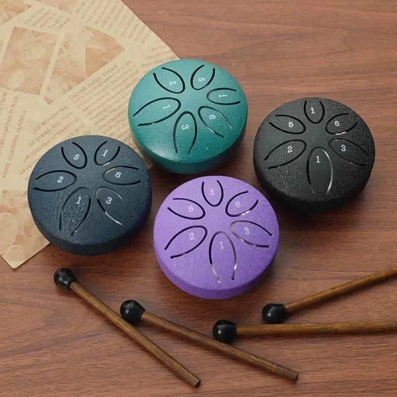3-inch 6-tone Steel Tongue Drum Outdoor Rain Drum Instrument Mini Hand Drum with Drumstick Percussion Accessories Music