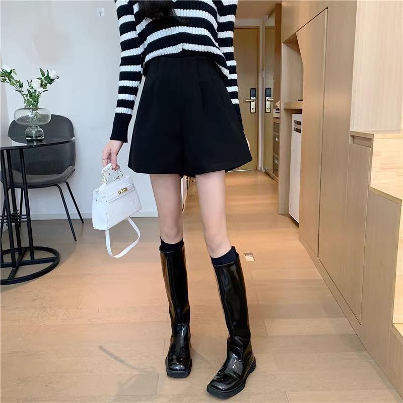 New 2024 High-Waisted Slimming Woolen Booty Shorts - Petite Women's Wide-Leg Pants for Autumn/Winter