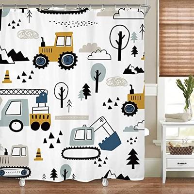 Kid Excavator Shower Curtain Tractor Mechanic Truck Construction Vehicle Boys' Bulldozer Crane Hanging Curtains Bathroom Decor