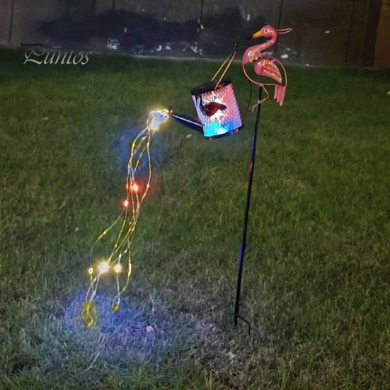 Romantic Garden Path Decor Flamingo Statue with Solar Watering Can Lights, Decorative Iron Weather Resistant Yard Decorations Outdoor Lawn Ornament