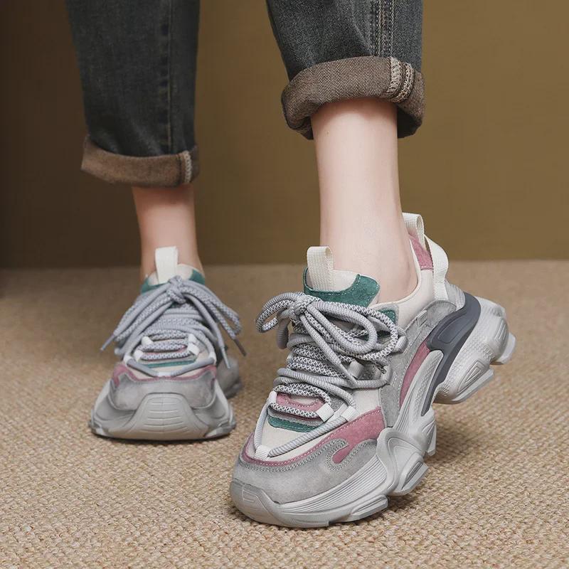 2024 Women's Genuine Leather Thick-Soled Dad Shoes: New Color Matching, Versatile Casual Sports Sneakers for Autumn