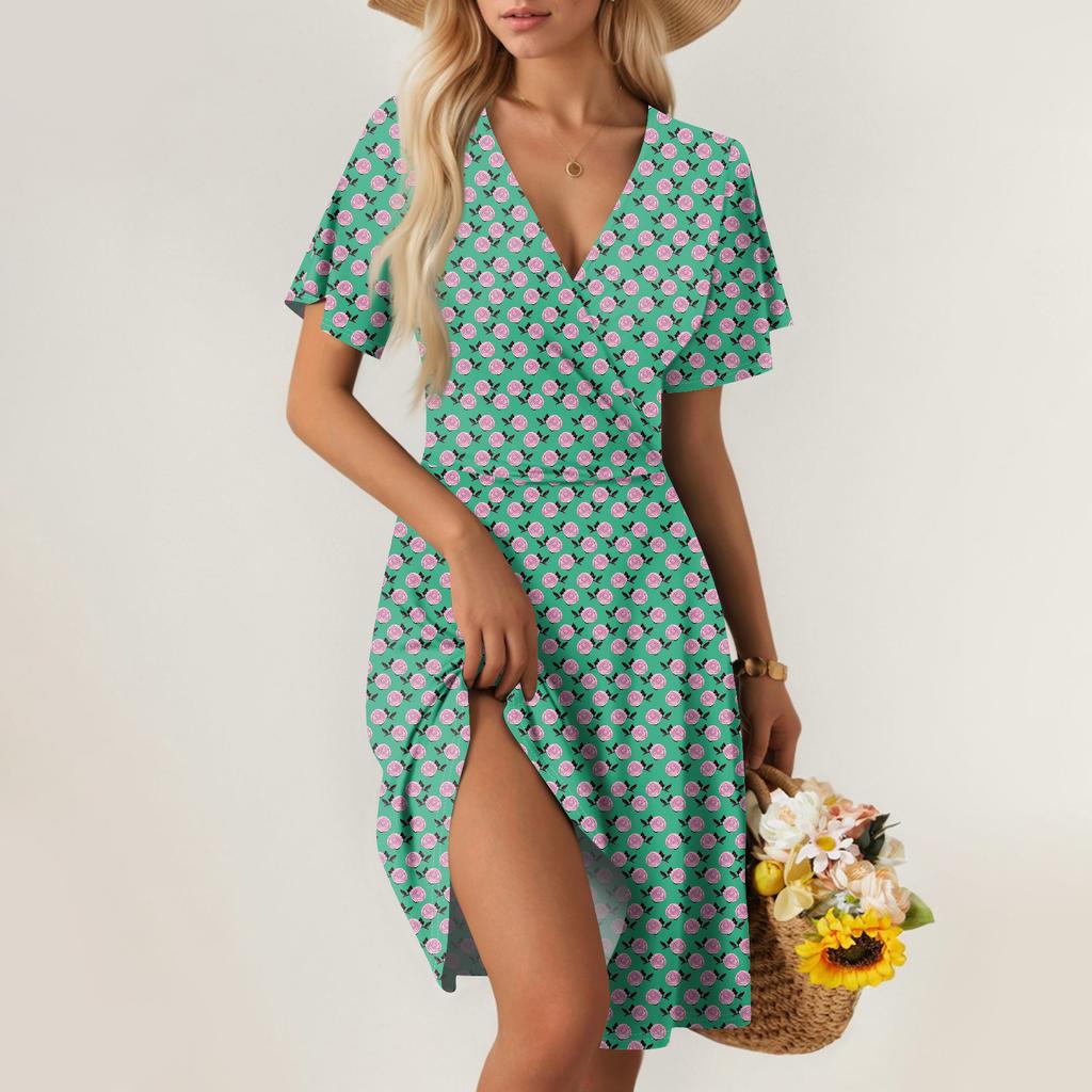 Damen Sommerkleid Locker Strandurlaub Lässig Tiefer V-Ausschnitt Kleid Kurzarm Elegant Hemdkleid
