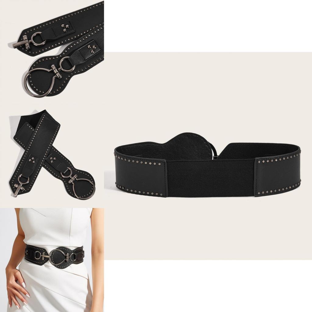 Fashion Solid Color Large Circular Buckle And Rivet Design Wide Waistband For Women