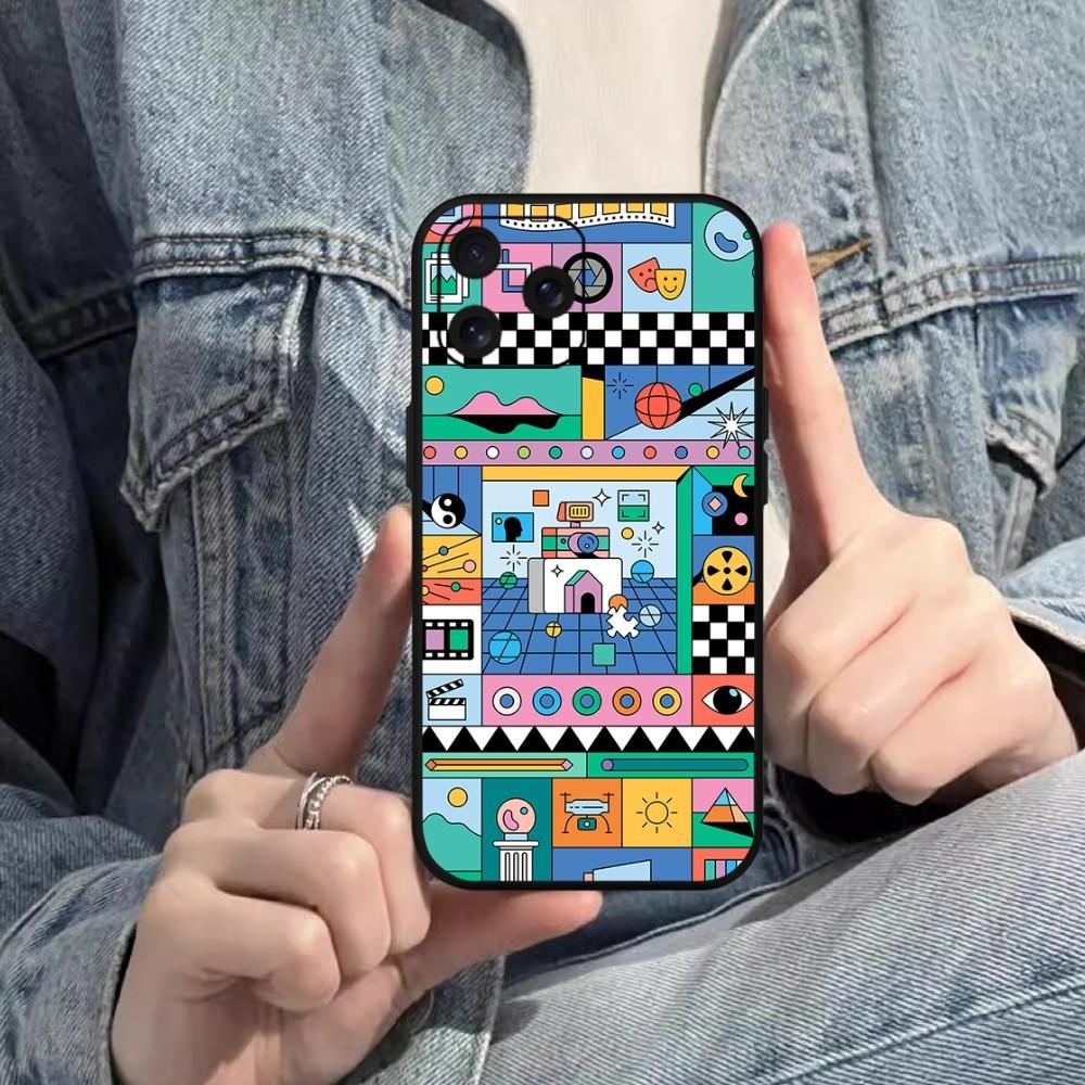 

Memphis Style Geometric Drawing Phone Case For iPhone Mini 11 12 13 14 15 Pro XS Max X Plus SE XR Black Soft Shell iPhone14Pro