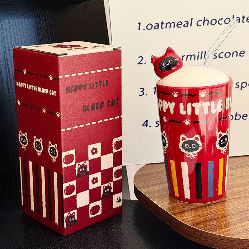 

Cartoon Happy Kitten Ceramic Straw Cup Children s Household Cup with Cover Girly Heart Personalized Gift Souvenir 450ml