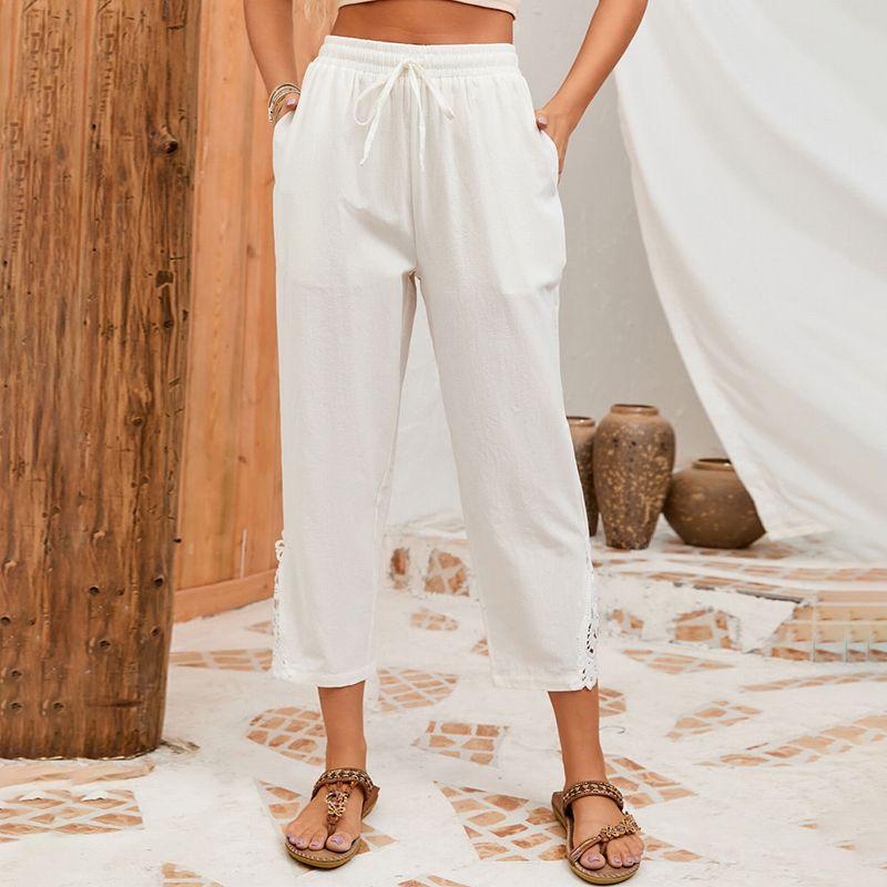 

Early Autumn Lace Patchwork Loose Cropped Pants Thin Linen White Size S fit (45.00 kg-55.00 kg