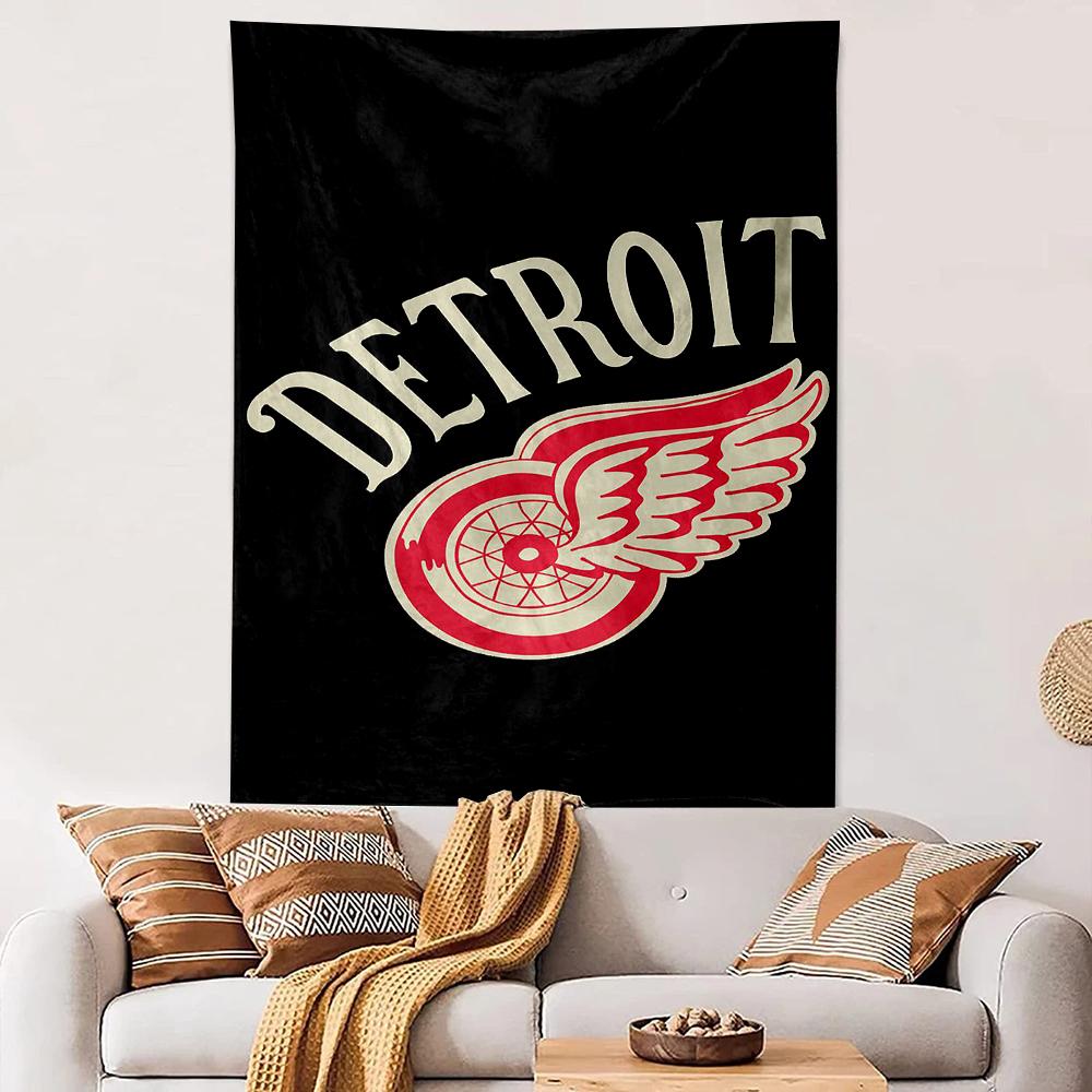 Detroit Red Wings Logo Black Background Patterned Tapestry for Bedroom and Living Room Home Decor