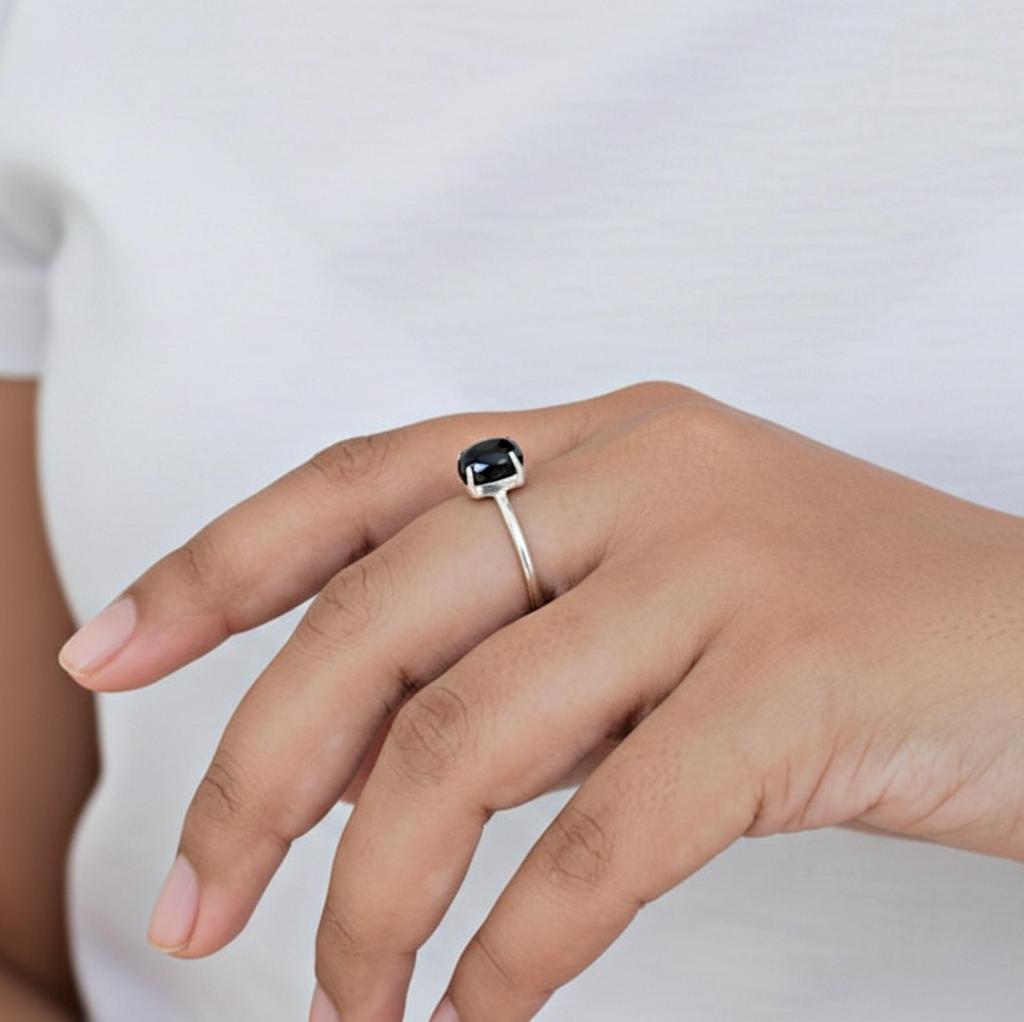 Black Onyx Oval Stacking Ring for Women, 925 Sterling Silver Prong Setting Ring, Minimalist Handmade Boho Gemstone Ring