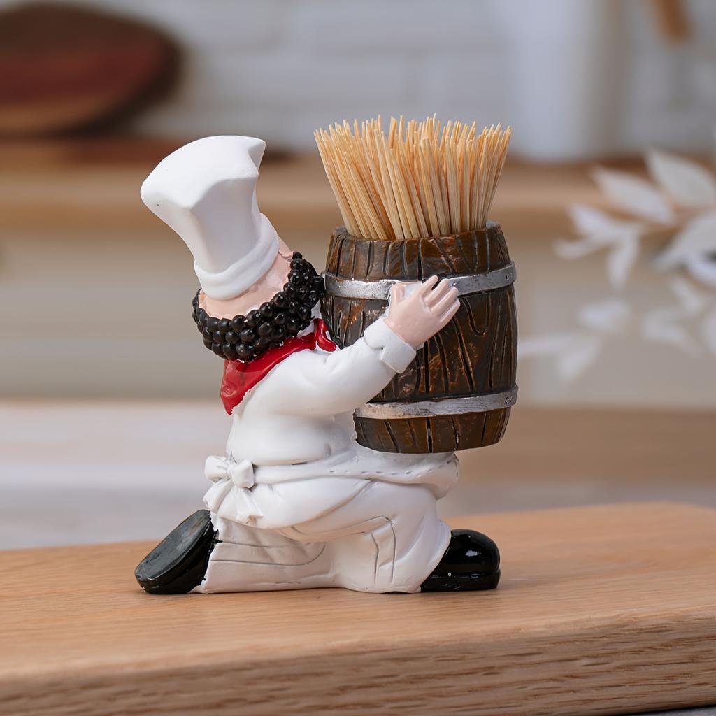 Charming Chef-Themed Toothpick Holder with Wooden Bucket - Resin, No Power Needed, Perfect for Home & Party Decor