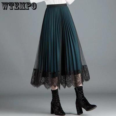 Summer Spring 2 Ways To Wear Lace Pleated Skirt Women Mid-length High Elasticity Pure Color