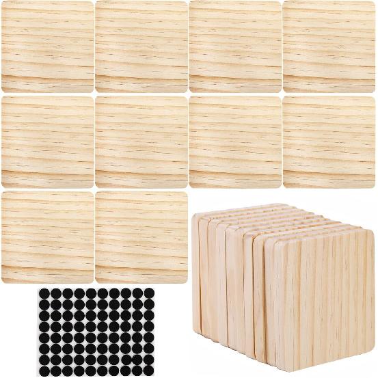 Dicunoy 20PCS Unfinished Wood Coasters, Square Blank Wooden Coasters for Crafts, Thick Coasters with 80PCS Foam Knots for DIY Mosaic Coasters,