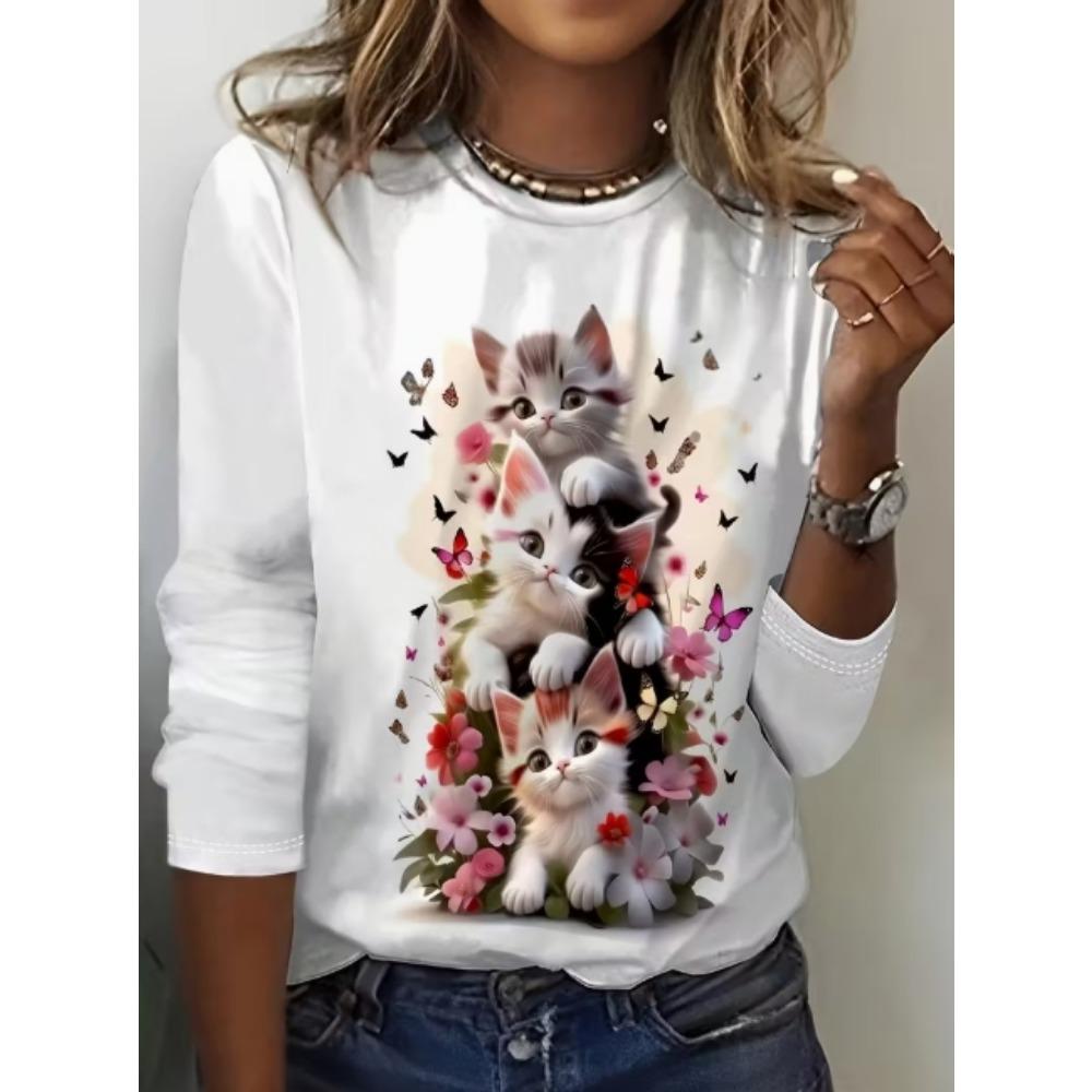 Ladies' Casual 3D Printed Striped Long Sleeved T-shirt - Round Neck Loose Fit